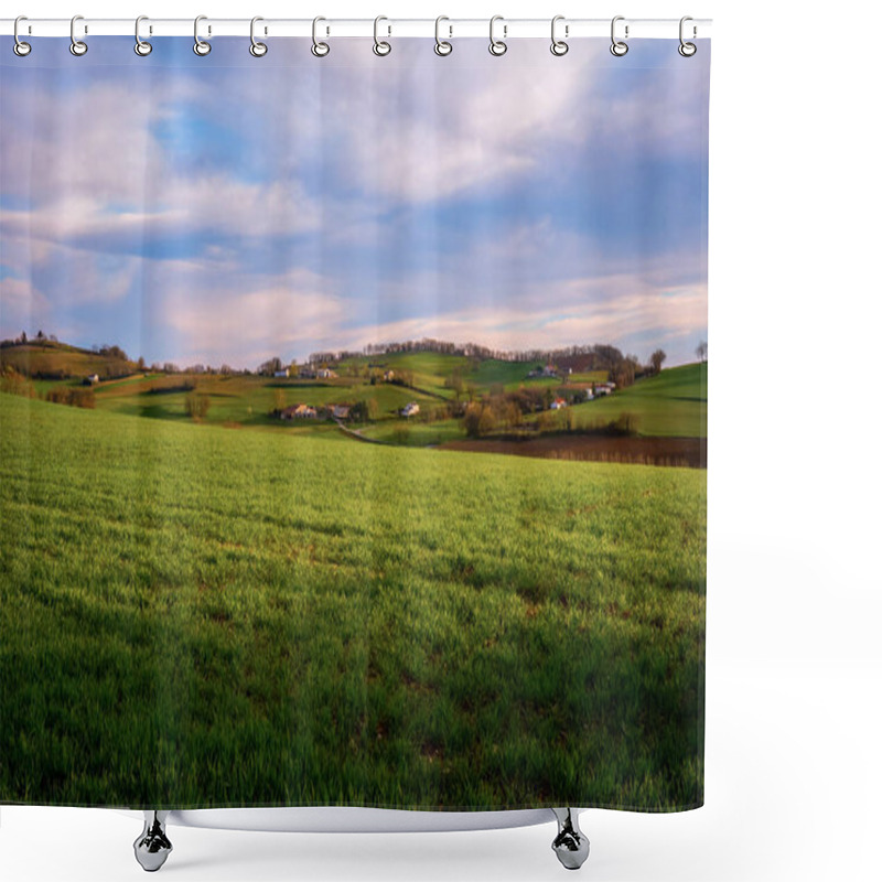 Personality  A Cloudy Day In A Wonderful Countryside Landscape In France, With Verdant Green Fields, Wooded Hills And Vales, And A Few Farms Or Country Houses In A Rural And Agricultural Area Of Occitanie Shower Curtains