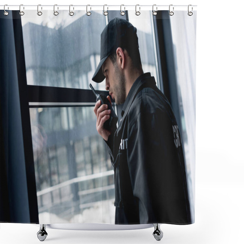 Personality  Handsome Guard In Black Uniform Talking On Walkie-talkie  Shower Curtains