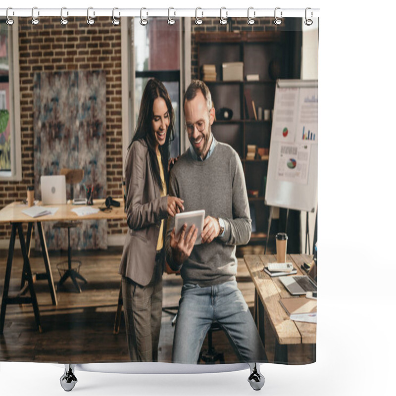 Personality  Couple Of Smiling Colleagues Discussing Work At Modern Loft Office Shower Curtains