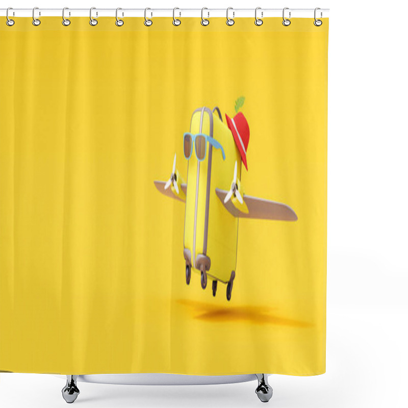 Personality  Summer Travel Suitcase With Wings Will Take Off. Creative Minimal Vacation Concept Idea On Yellow Background 3D Render 3D Illustration Shower Curtains