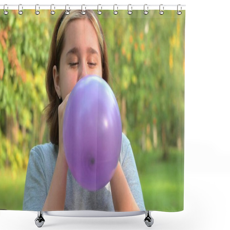 Personality  A Teenage Girl Inflates A Lilac Balloon Close-up Against The Background Of Nature. Shower Curtains