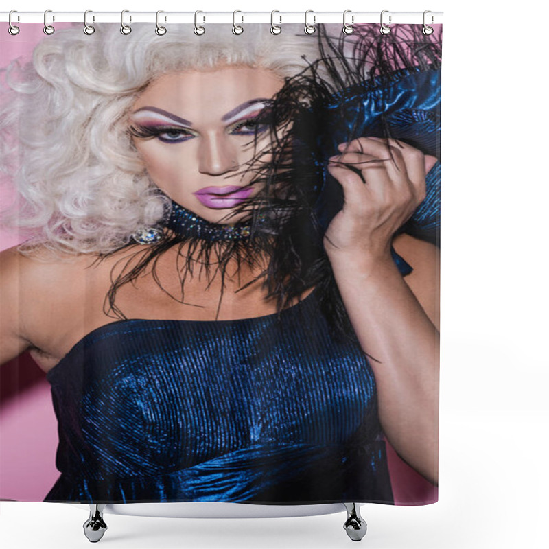 Personality  Blonde Drag Queen With Spectacular Makeup Looking At Camera On Pink Shower Curtains