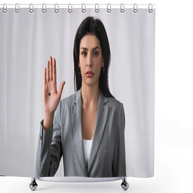 Personality  Sad Businesswoman Showing Hand With Black Dot On Palm And Standing On White, Domestic Violence Concept  Shower Curtains