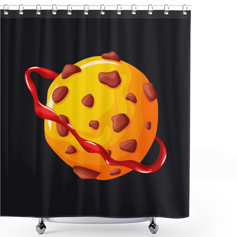 Personality  Stylized Cookie Planet Covered In Chocolate Chunks And Encircled By A Swirling Red Sauce, Perfect For Playful Fantasy Or Space-themed Design Projects With A Whimsical Twist. Vector Illustration Shower Curtains