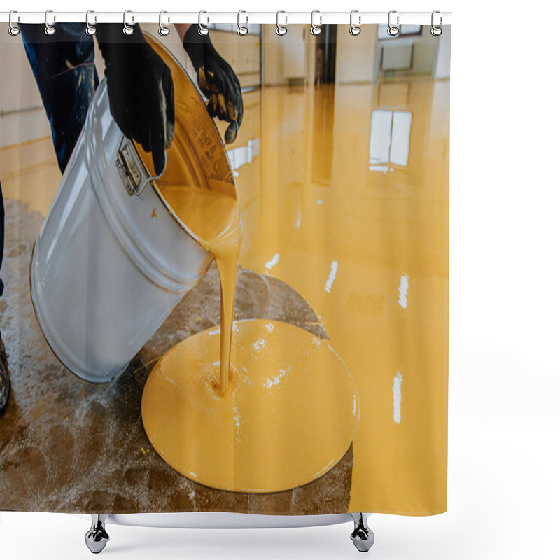 Personality  A Construction Worker Apply Epoxy Resin In An Industrial Hall Shower Curtains