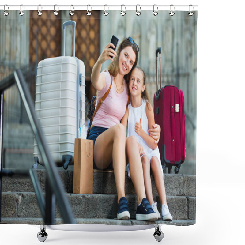 Personality  Woman With Little Daughter Traveling Together, Taking Selfie Shower Curtains