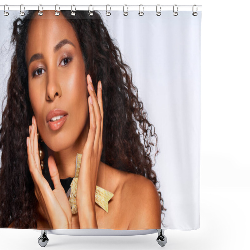 Personality  Stunning Woman Gently Touching Her Face, Radiating Confidence And Elegance In A Calm Environment Shower Curtains