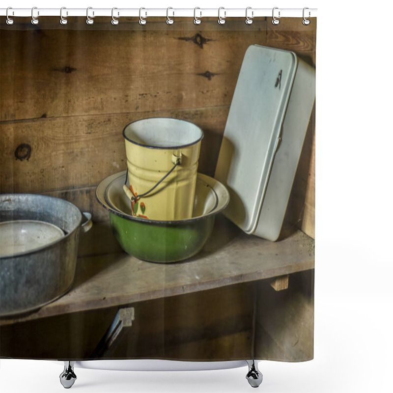 Personality  Beautiful And Diverse Subject. Beautiful And Original Look And Background To The Old Cottage, Bath And Sauna With Metal Buckets In The Afternoon. Shower Curtains