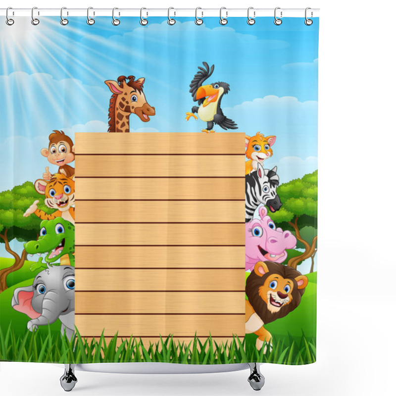 Personality  Illustration Of Animals With Blank Sign At Forest Shower Curtains