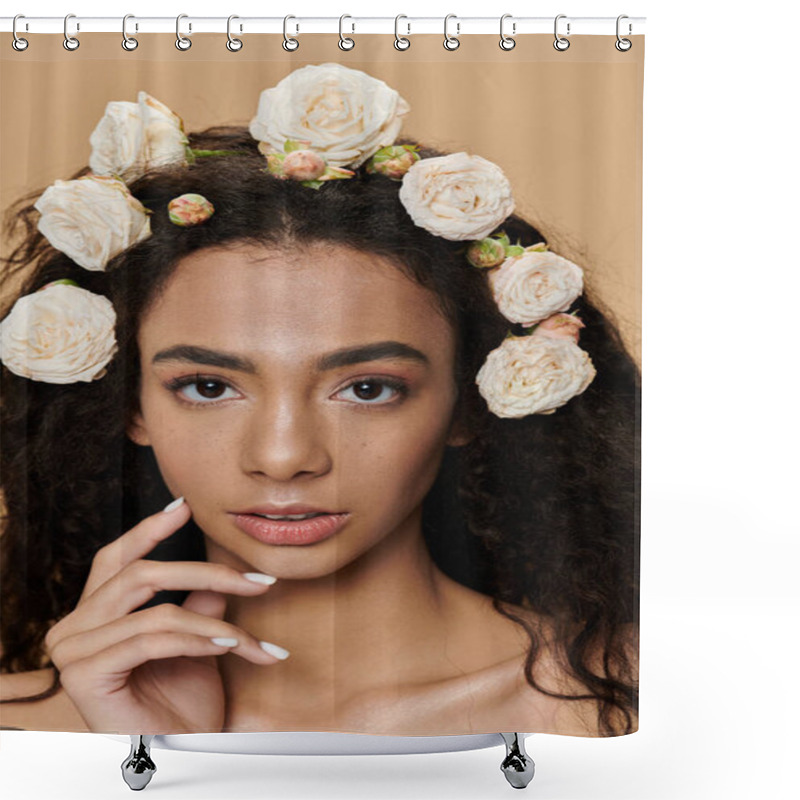 Personality  A Young Woman With Natural Makeup And A Flower Crown, Radiating Natural Beauty. Shower Curtains