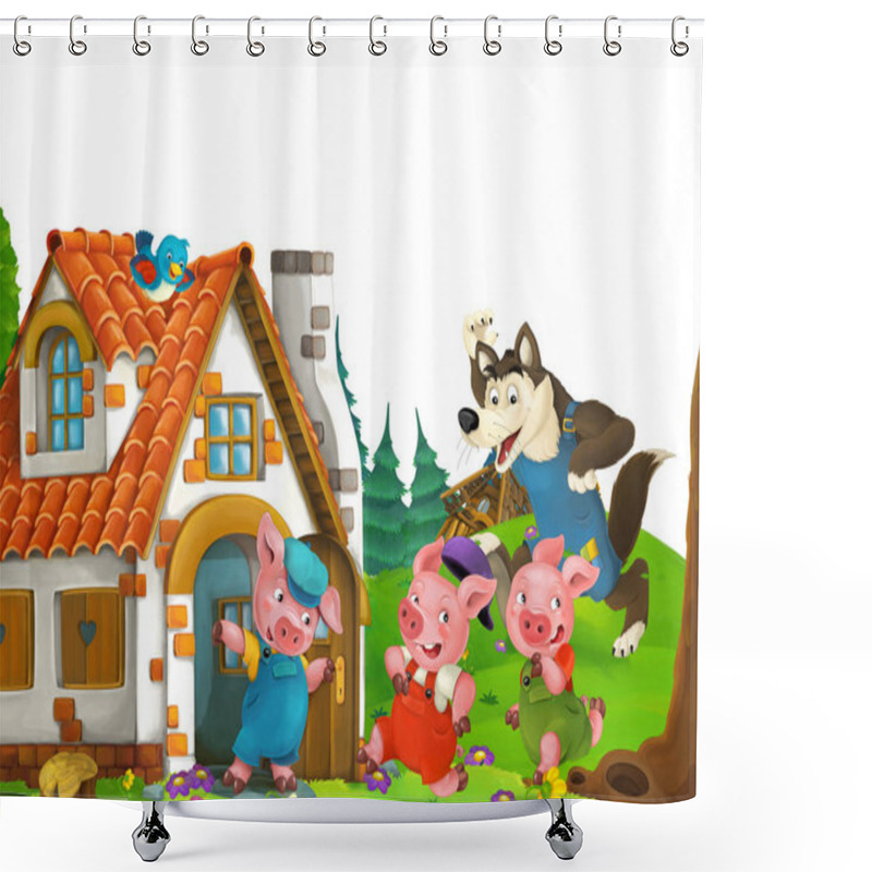 Personality  Cartoon Scene With Home Of Three Pigs Farmers Near The Meadow With White Background Space For Text - Illustration For Children Shower Curtains