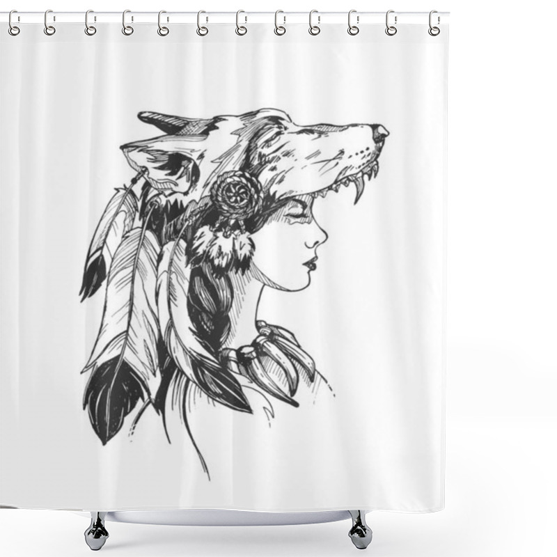 Personality  Vector Hand Drawn Illustration Of Woman Shaman Wearing Wolf Ethnic Spiritual Headdress In Vintage Engraved Style. Portrait Isolated On White Background. Shower Curtains