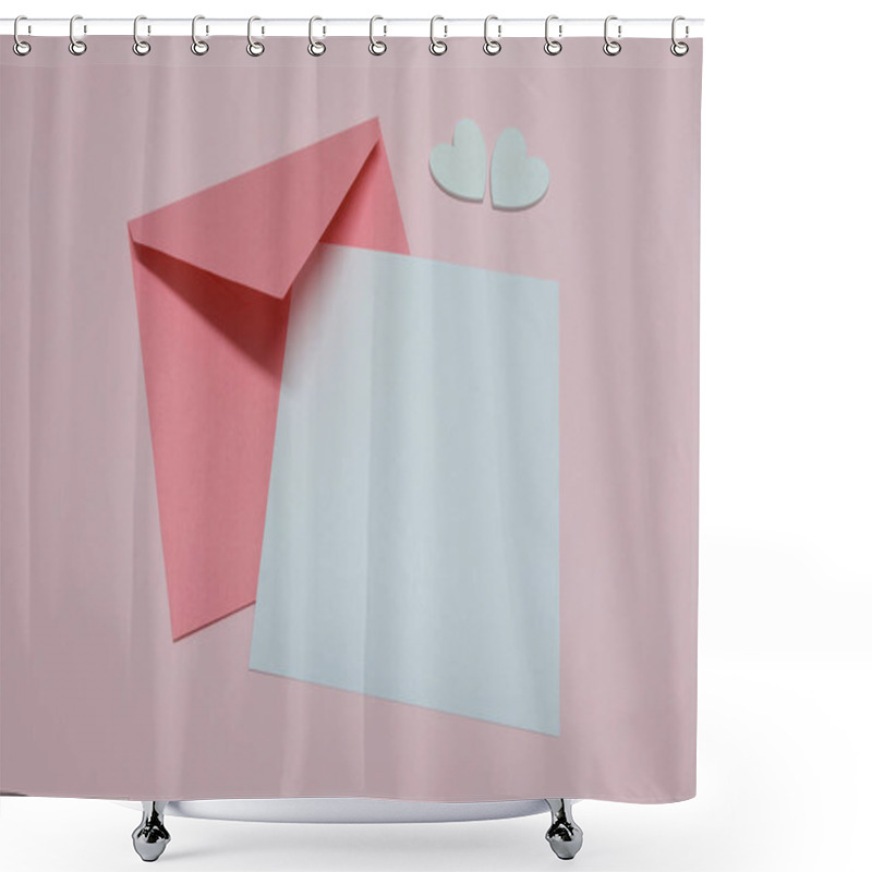 Personality  Open Pink Envelope With Blank Paper And Decorative Hearts On Pastel Background Shower Curtains