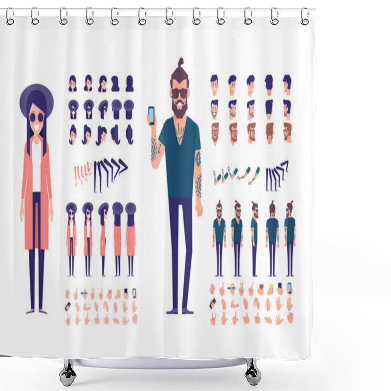 Personality  Front, Side, Back, 3/4 View Animated Characters. Young People Creation Set With Various Views, Hairstyles And Gestures. Cartoon Style, Flat Vector Illustration. Shower Curtains