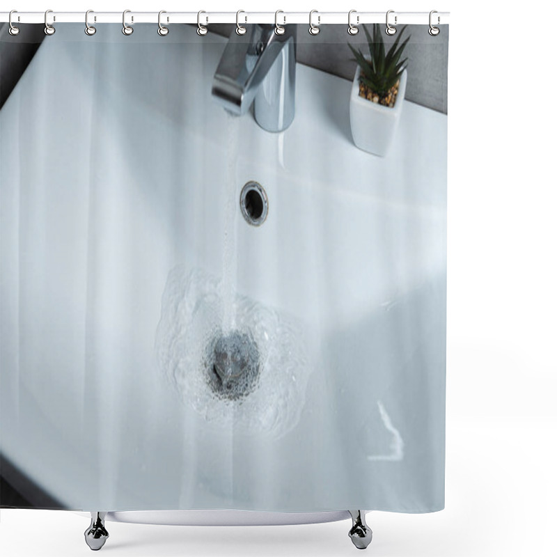 Personality  High Angle View Of Water Flowing From Sink To Clean Washbasin With Plant In Washroom Shower Curtains