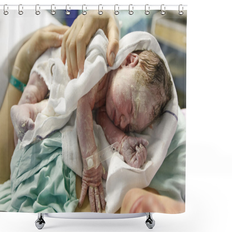 Personality  Mother Hugging A Vernix Covered Newborn Shower Curtains