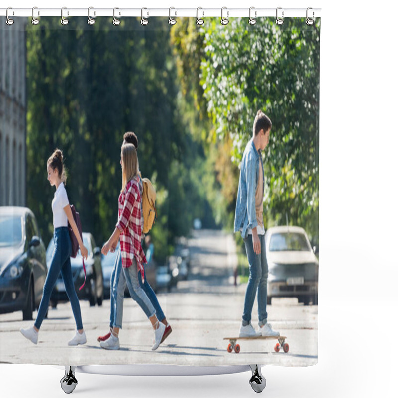 Personality  Side View Of Group Of Teenagers Crossing Road Shower Curtains