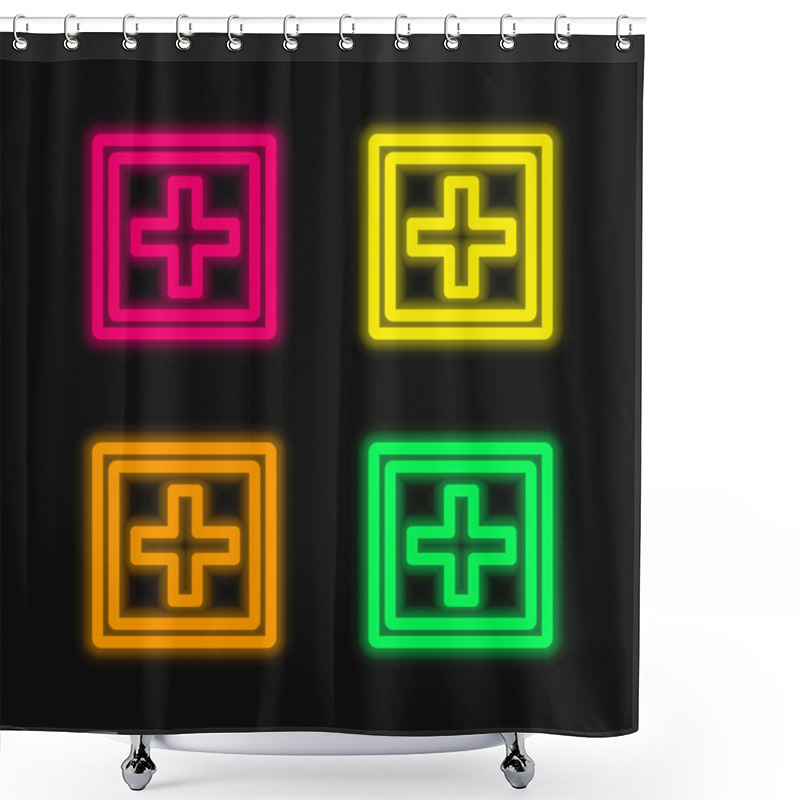 Personality  Add Button Sign Of A Plus Symbol Inside A Double Square Shape Four Color Glowing Neon Vector Icon Shower Curtains