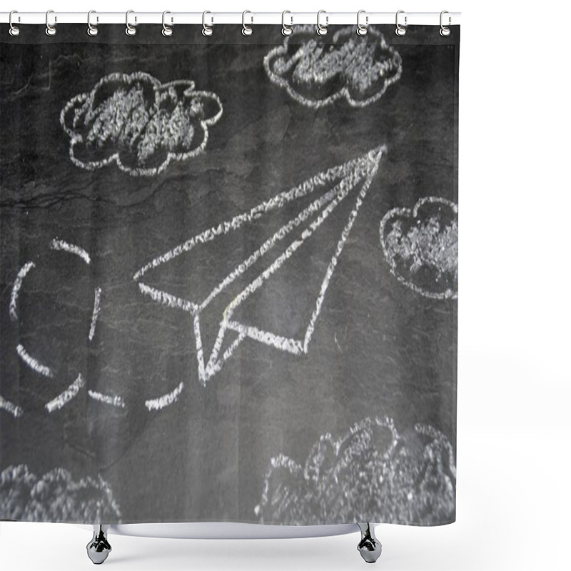 Personality  With A Chalk Drawn A Paper Plane And A Dashed Way On A Dark Marble Surface - Background With A Flying Paper Plane Shower Curtains