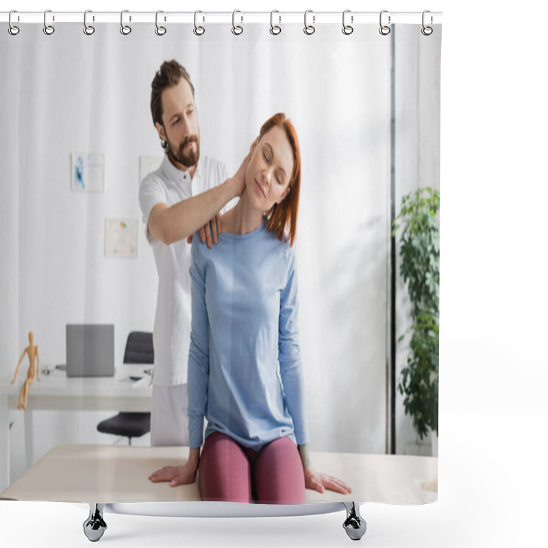 Personality  Bearded Physiotherapist Examining Painful Neck Of Woman Sitting On Massage Table In Consulting Room Shower Curtains