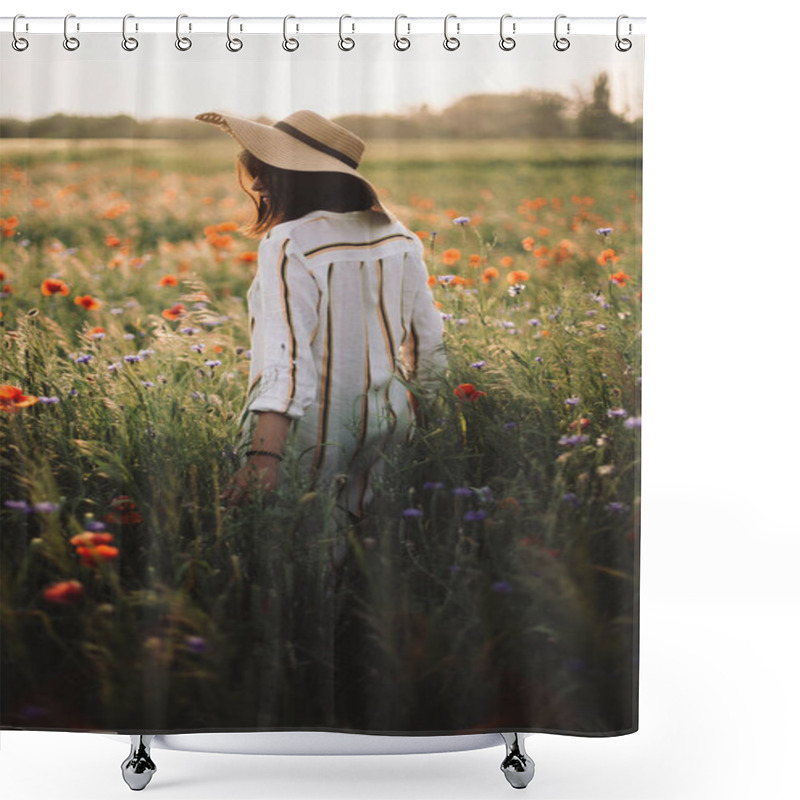 Personality  Stylish Girl In Hat Walking In Wildflowers In Sunset Light In Summer Meadow. Young Woman In Linen Dress Walking Among Poppy And Cornflowers In Countryside. Rural Slow Life. Enjoying Simple Life Shower Curtains