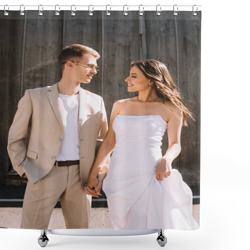 Personality  Elegant Wedding Couple Holding Hands And Looking At Each Other Shower Curtains