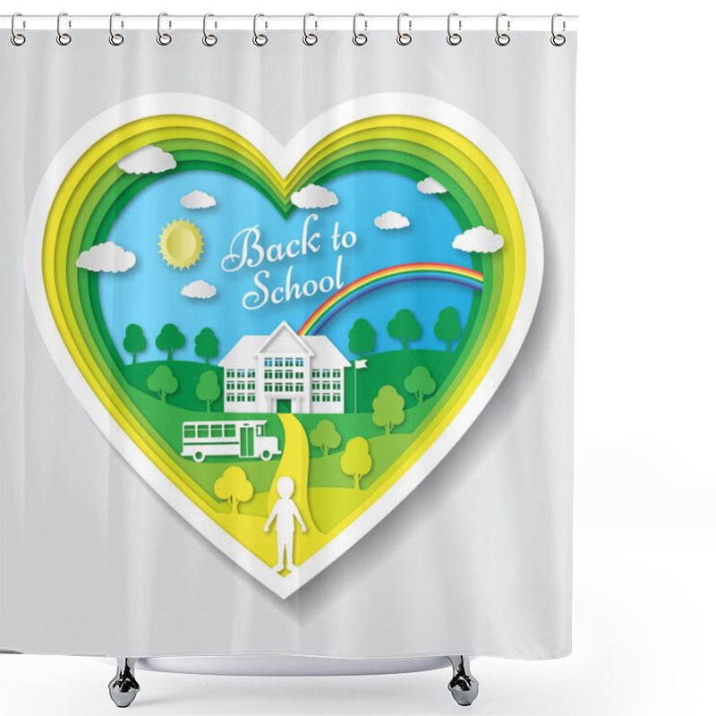 Personality  Back To School Vector Illustration. School Poster With Building, School Bus, Nature Background, Text Signs. Welcome And Back To School. Paper Art Style Design Shower Curtains