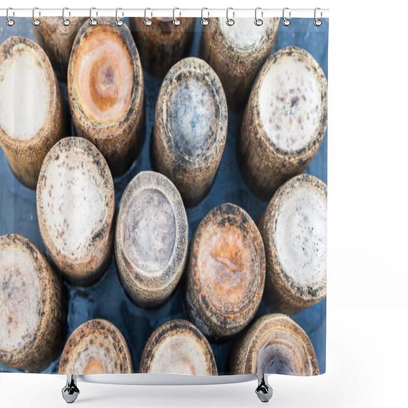 Personality  A Close-up View Of Several Bamboo Stumps Arranged In A Circular Pattern, Showcasing Their Natural Textures And Colors. The Stumps Are Partially Submerged In Water, Highlighting Their Organic. Shower Curtains