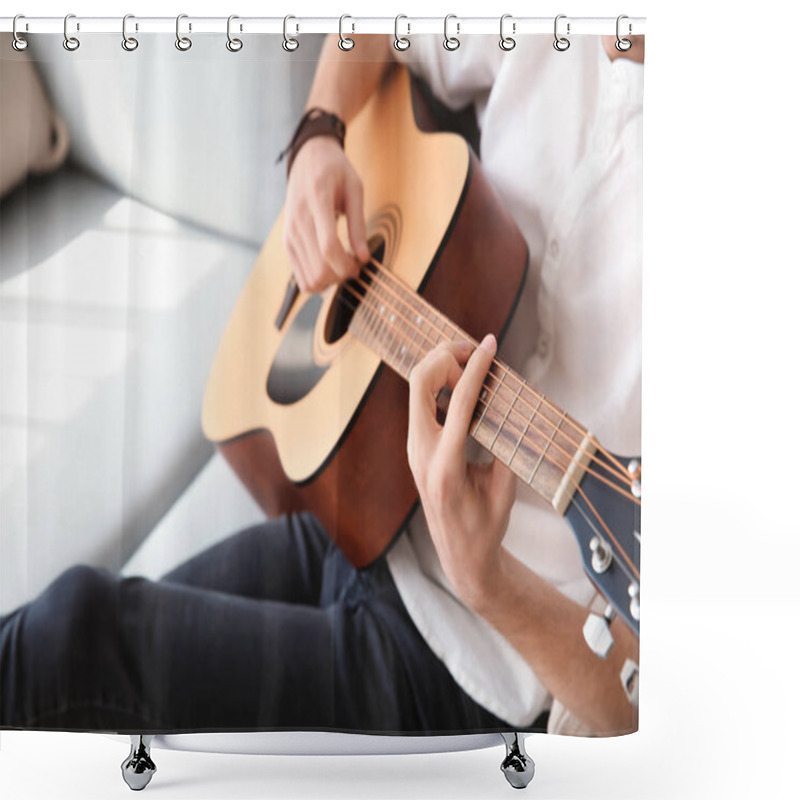 Personality  Handsome Young Man Playing Guitar At Home Shower Curtains