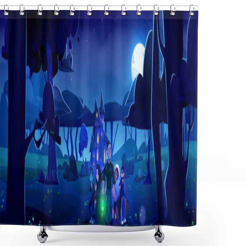 Personality  Scared Kid Boys In Halloween Costumes And Man With Magic Green Light Lamp Standing In Forest On Path To Spooky Haunted House With Light In Windows At Night Under Full Moon. Cartoon Vector Scary Scene. Shower Curtains