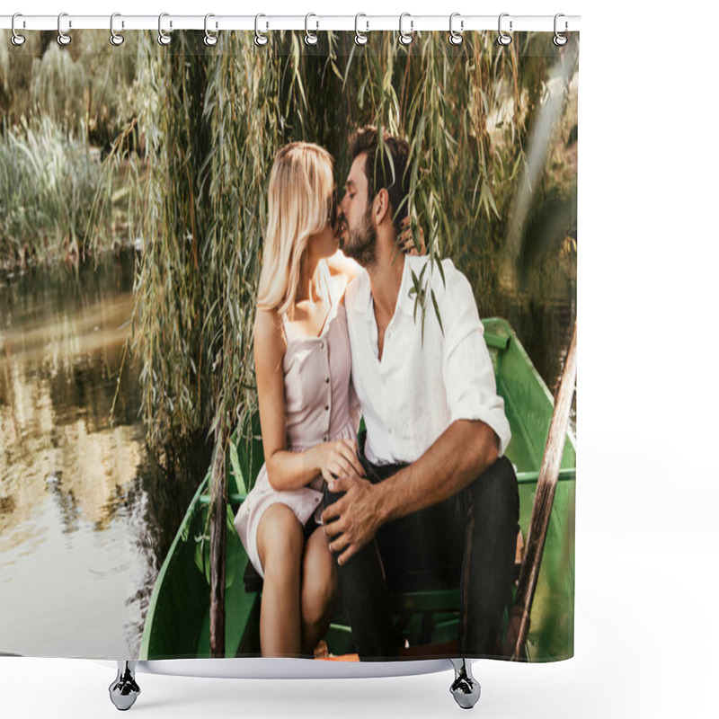 Personality  Happy Young Couple Kissing While Sitting In Boat On Lake Shower Curtains