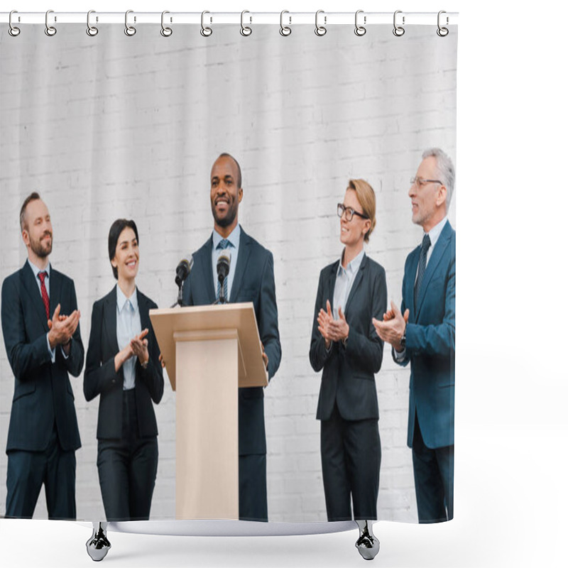 Personality  Happy Businessmen And Businesswomen Applauding To African American Speaker  Shower Curtains