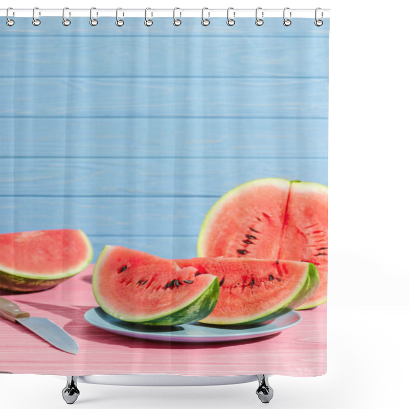 Personality  Close Up View Of Watermelon Pieces And Knife On Pink Tabletop On Blue Backdrop Shower Curtains