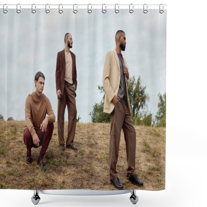 Personality  Three Handsome Men In Trendy Autumn Attire Pose Confidently In A Tranquil Field Under Cloudy Skies. Shower Curtains