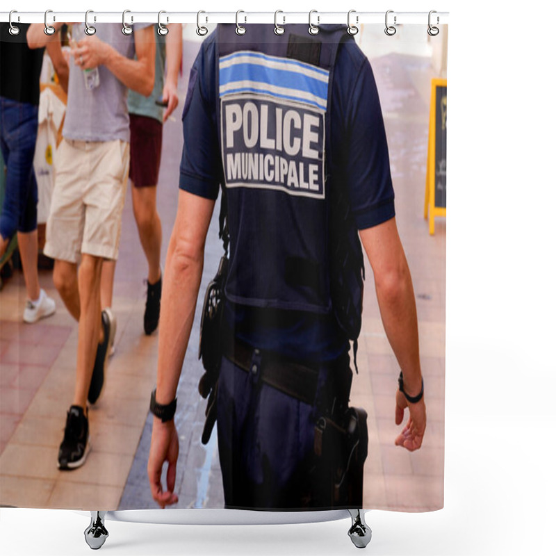 Personality  Bordeaux , Aquitaine  France - 06 25 2022 : Policeman Shirt With Text Sign Police Municipale Of French Local Police Patrol In City Street Shower Curtains