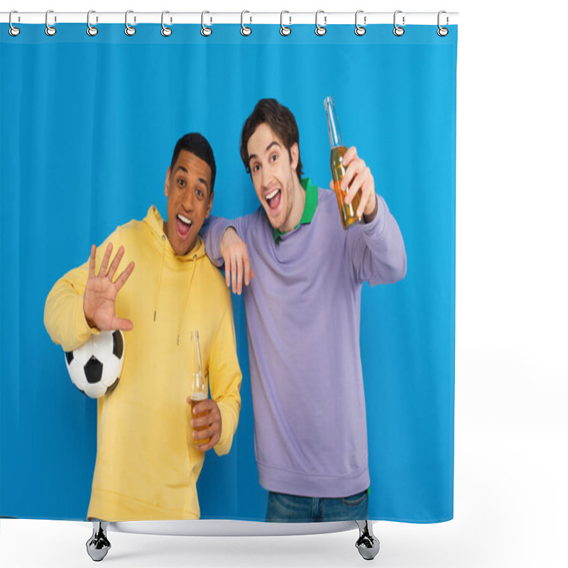 Personality  Excited Interracial Sport Fans Holding Football And Bottle Of Beer Isolated On Blue Shower Curtains