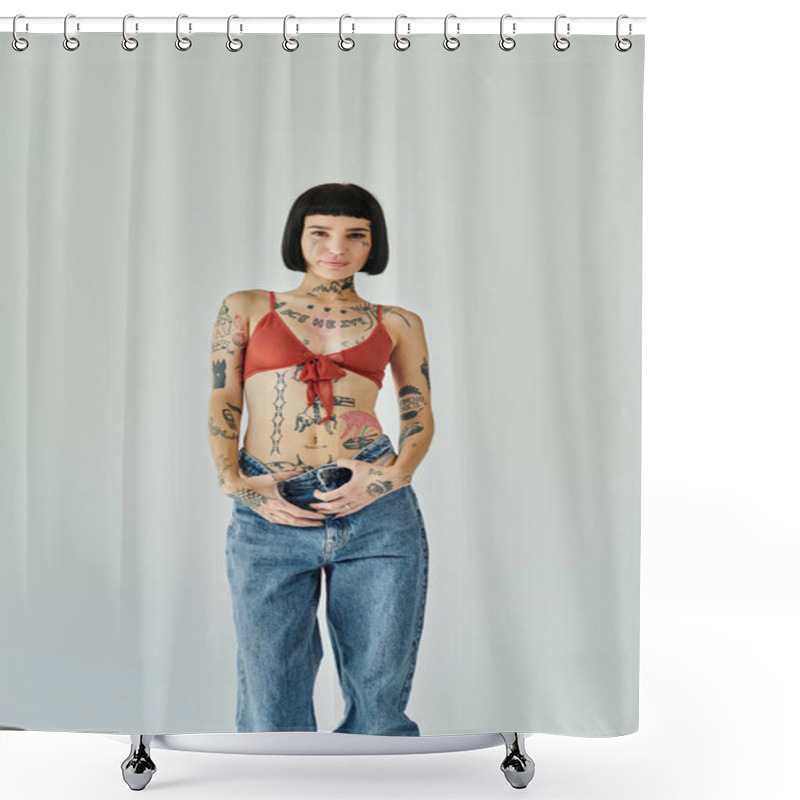 Personality  A Stylish Young Woman With Tattoos Strikes A Pose, Expressing Her Individuality. Shower Curtains