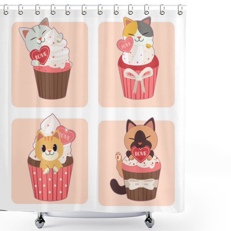 Personality  The Collection Of Cute Cat Sitting In The Cupcake On The Pink Background. The Character Of Cute Cat In Valentine Day Theme. The Character Of Cute Cat In Flat Vector Style. Shower Curtains