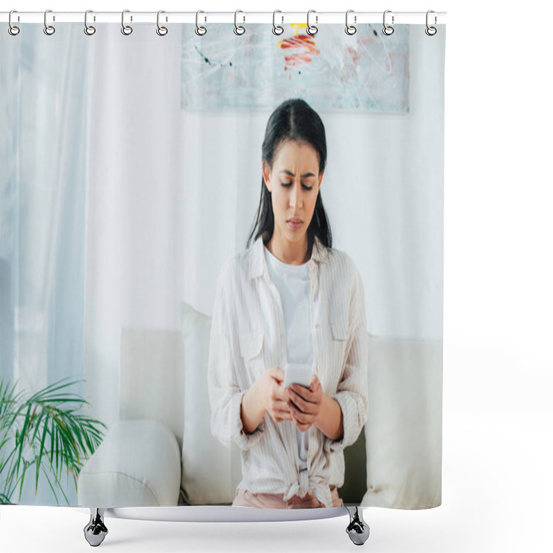 Personality  Upset Latin Woman Using Smartphone While Sitting On Couch At Home Shower Curtains