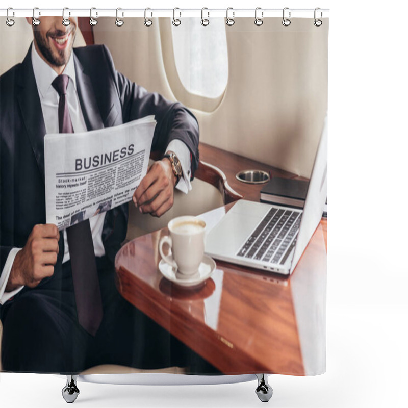 Personality  Cropped View Of Smiling Businessman In Suit Reading Business Newspaper In Private Plane  Shower Curtains