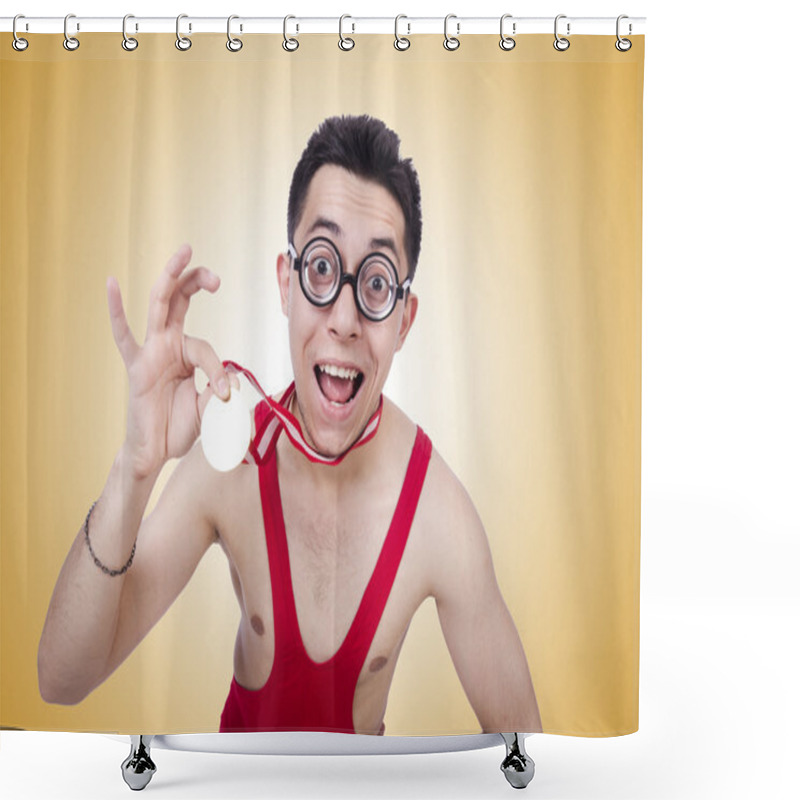 Personality  Funny Wrestler With Winners Medal Shower Curtains