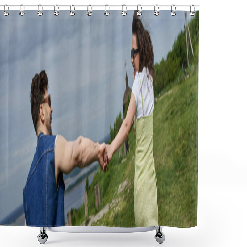 Personality  Side View Of Cheerful Brunette Woman In Sunglasses And Stylish Sundress Holding Hand Of Bearded Boyfriend While Running On Grassy Hill, Countryside Wanderlust And Love Concept, Banner  Shower Curtains