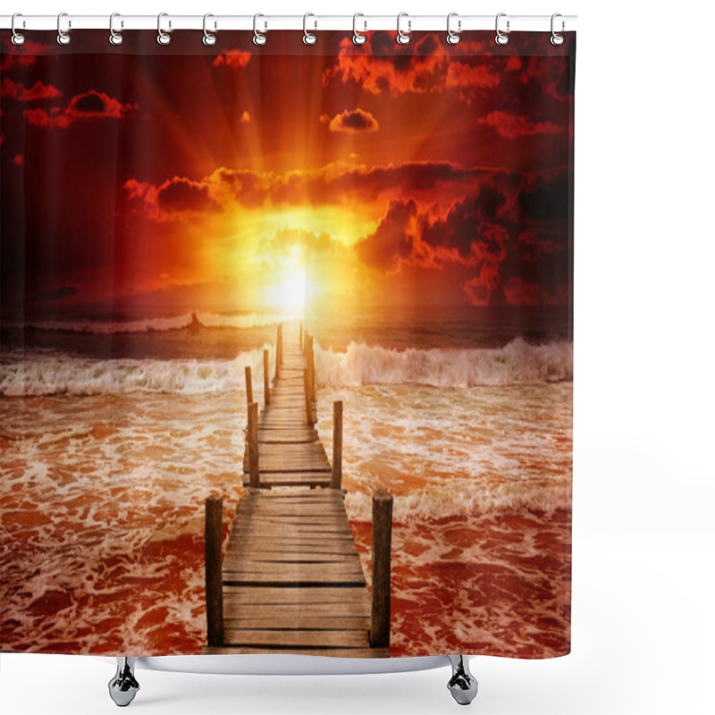 Personality  Pier For Boats Into The Sea. Bright Sunrise Over The Ocean. Shower Curtains