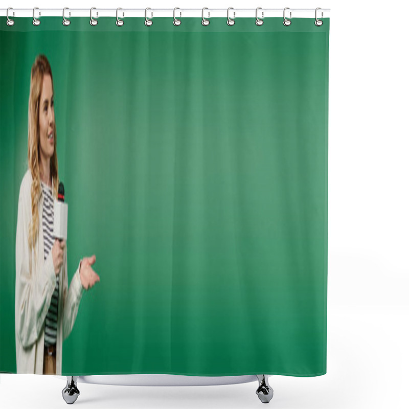 Personality  A Cheerful Woman In Casual Attire Engages With Her Audience Against A Vibrant Green Backdrop. Shower Curtains