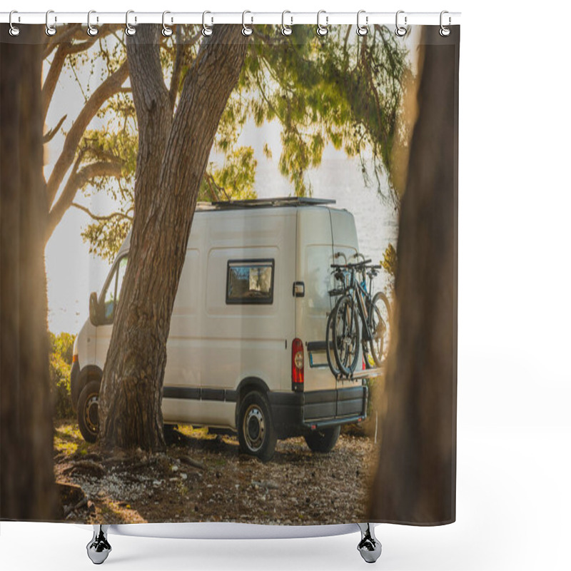 Personality  Living The Vanlife. White Van Camper Parked On The Beach, Nice Trees Around And Blue Sky Just Behind The Van In The Background. Modern Nomad Lifestyle With A Van. Shower Curtains