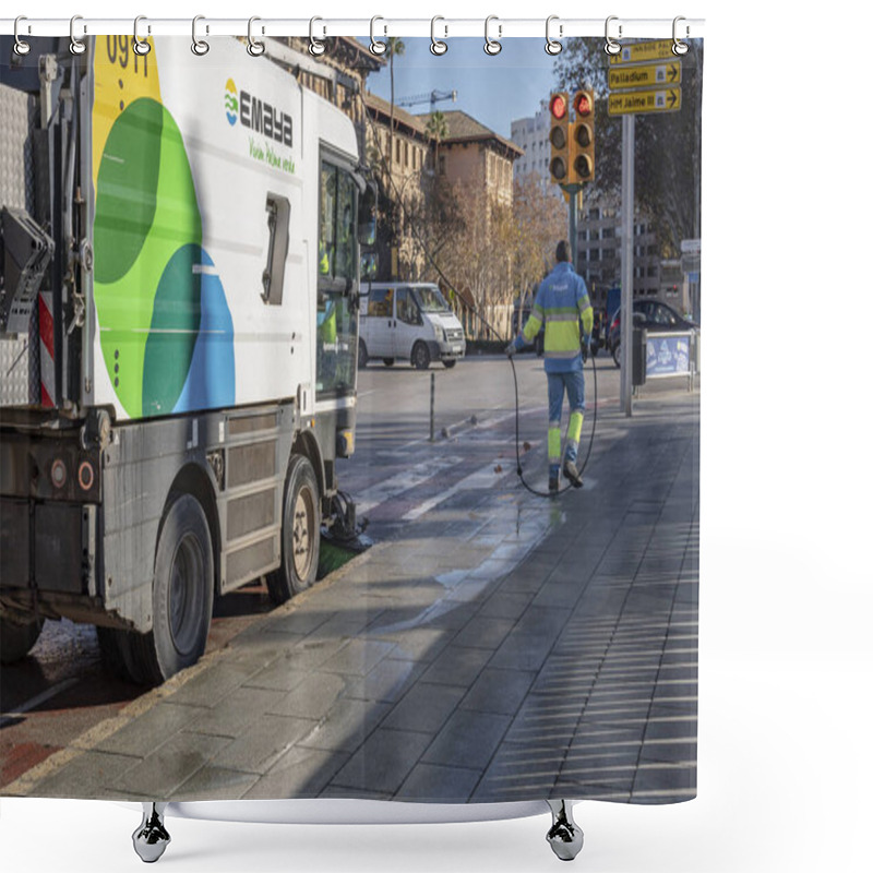 Personality  Palma De Mallorca, Spain; January 12 2024: Operator And Truck Cleaning The Streets Of Palma De Mallorca With Pressurized Water, Of The Public Company Emaya. Spain Shower Curtains