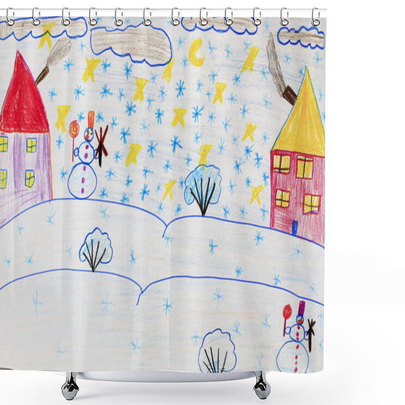 Personality  Children's Drawing Of Houses Standing On The Snowy Hills And Snowfall Shower Curtains