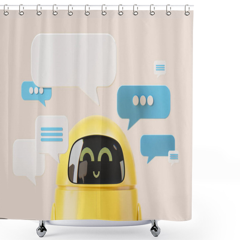 Personality  3d Rendering. Smiling Chatbot And Mockup Empty Bubbles, Text Messages With Answers. Artificial Intelligence Helping Human To Generate Ideas And Create. Concept Of AI And Communication Illustration Shower Curtains