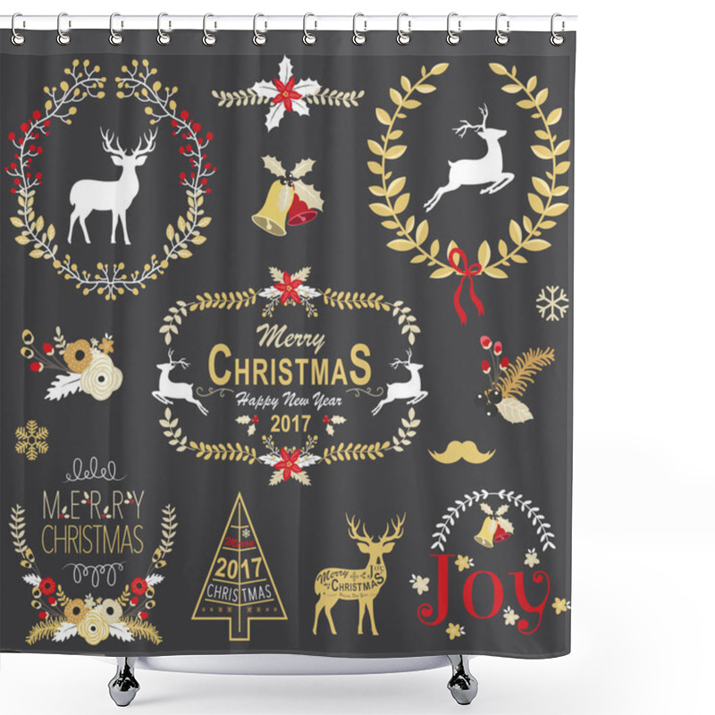 Personality  Gold Christmas Chalkboard Wreath Frame Collection Shower Curtains