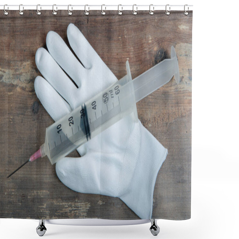 Personality  White Gloves With Big Syringe On Wooden Background Shower Curtains